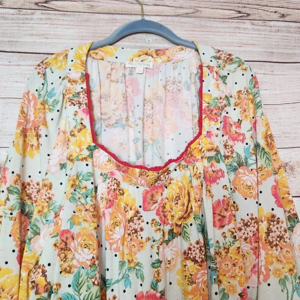 Anthropologie Fig & Flower Yellow Pink Linen Blend Floral Peasant Top Plus 3X - Picture 2 of 15